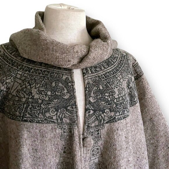 Vintage 1980s Womens Wool Blanket Cape O/S Aztec South American Art Print Boho - Picture 8 of 15
